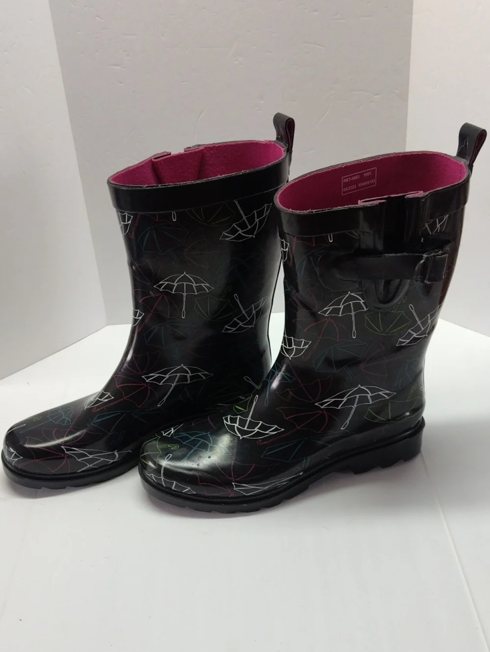 Capelli of New York Black Rain Boots with Umbrella Print and Pink Lining